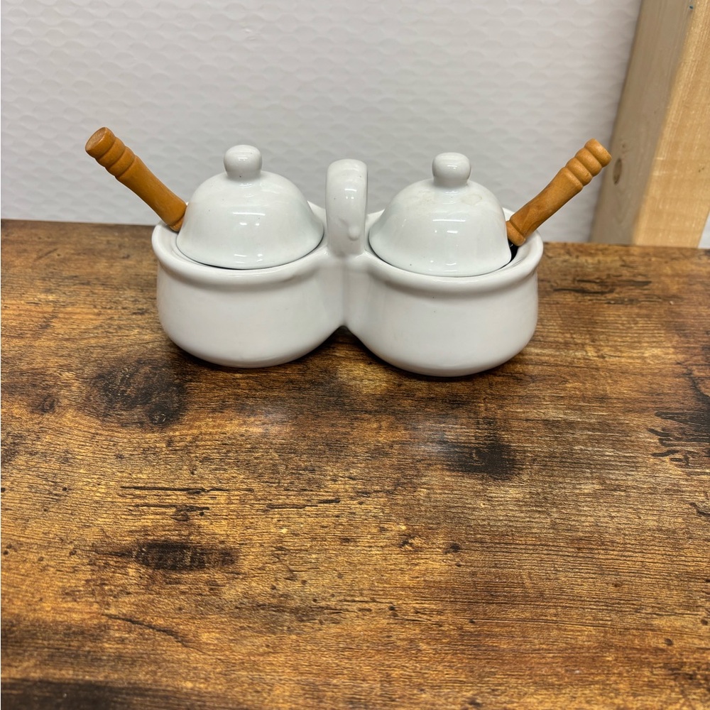 Vintage Black White Ceramic Condiment Set with Wooden Spoons